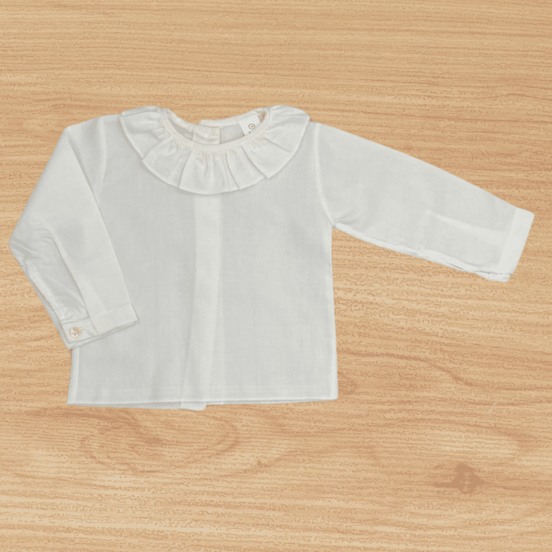 Camisa villela blanco roto cuello volante.