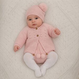 Conjunto lana rebeca gorro pompón cubre pañal RF/350