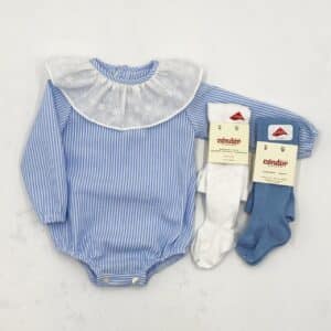 Pelele raya azul cuello volante bordado (MASAN BEBÉ)