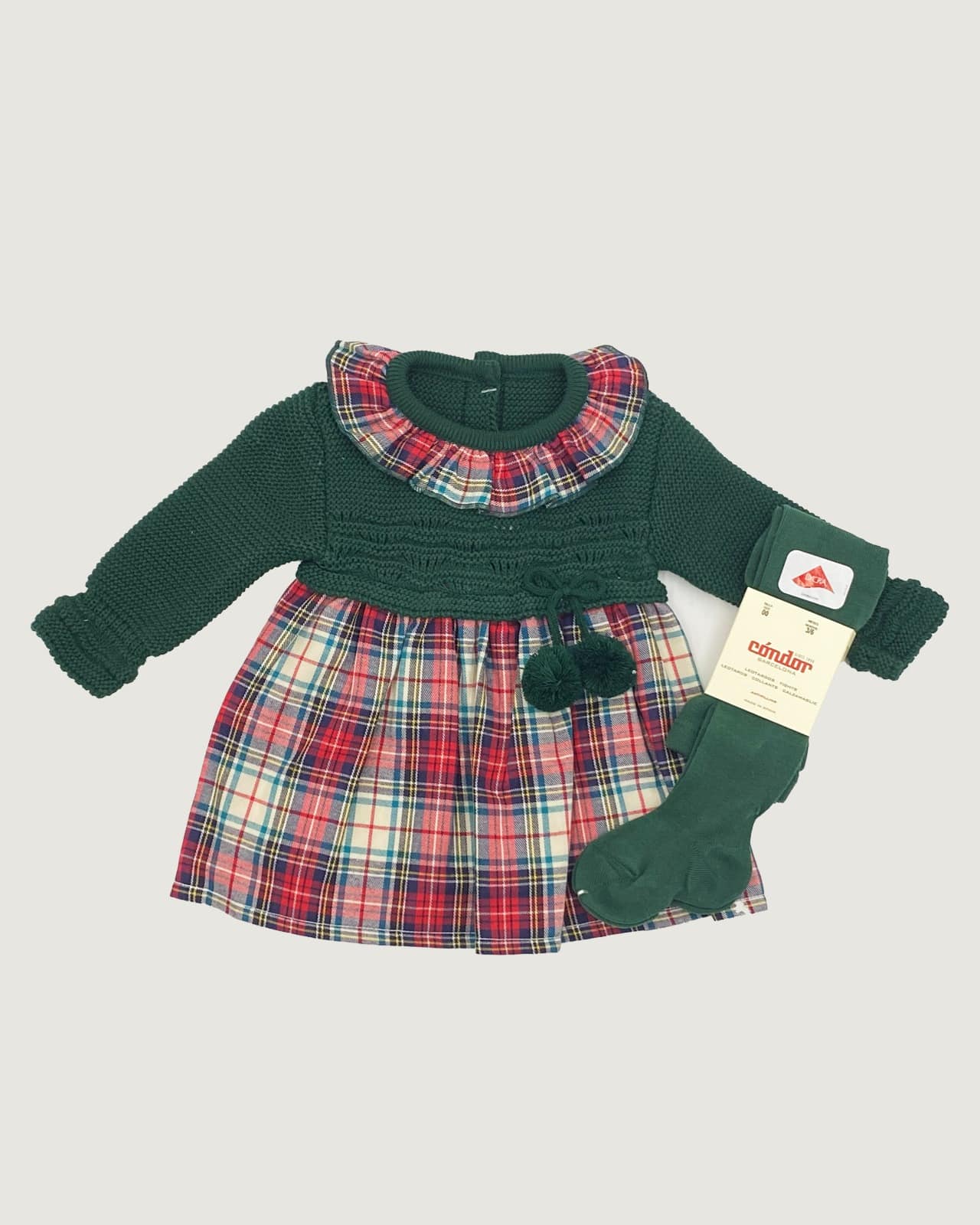 Vestido cuadro cuerpo y manga lana verde botella RF/7001