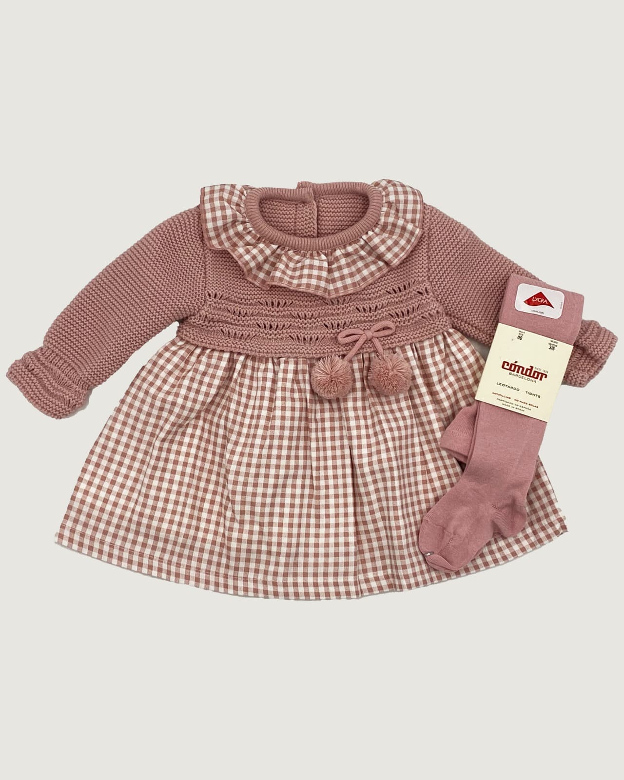 Vestido cuadro cuerpo y manga lana rosa palo RF/7001