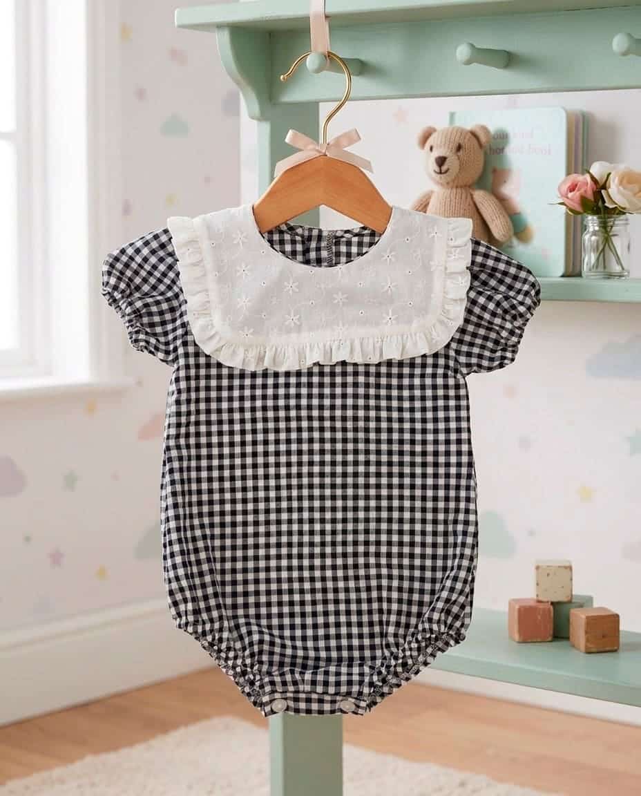 Pelele vichy negro cuello perforado M/Corta MASAN BEBÉ