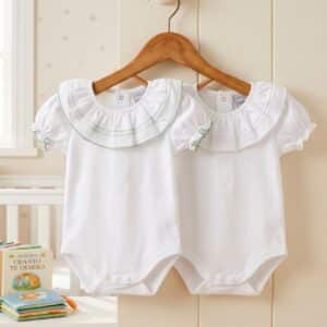 Bodi algodón 100% cuello volante M/corta BABIDU RF/1172 - Blanco Verde, Talla 3 meses