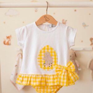Conjunto camiseta conejo cubre pañal volante vichy amarillo