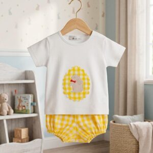 Conjunto camiseta conejo cubre pañal vichy amarillo