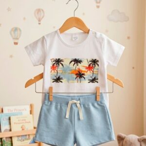 Conjunto algodón camiseta estampado palmera y calzona