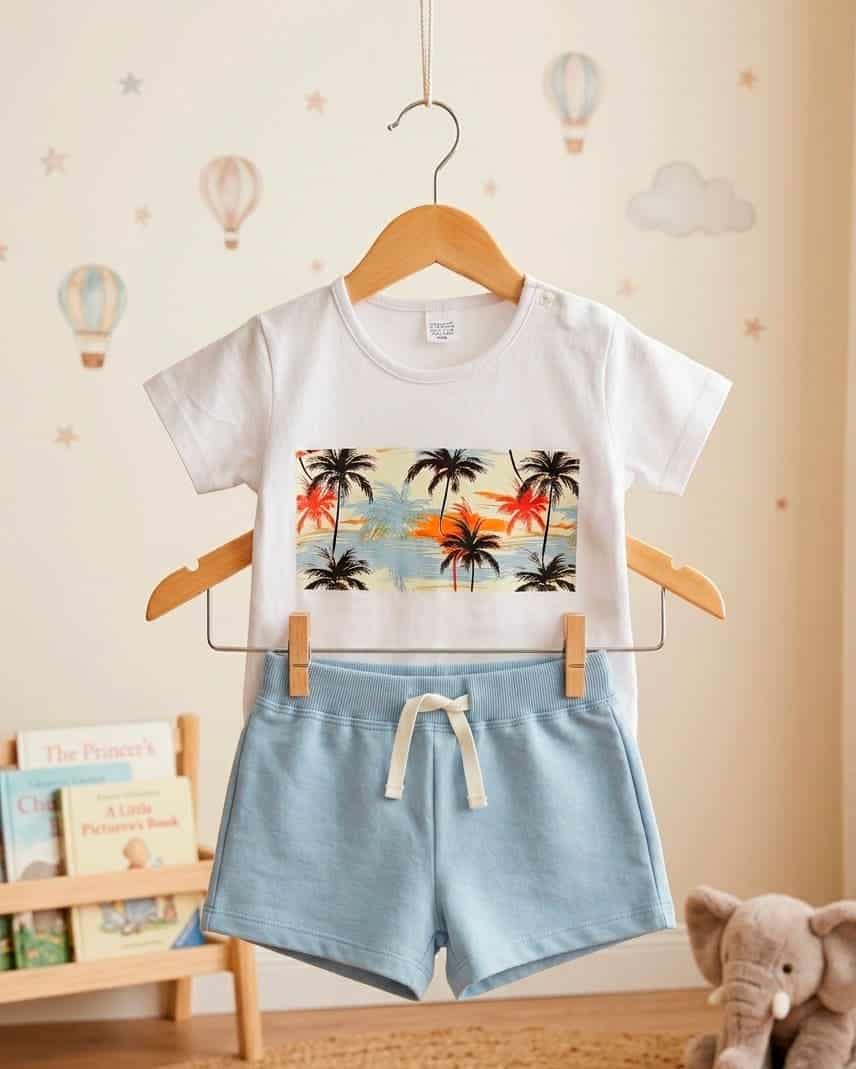 Conjunto algodón camiseta estampado palmera y calzona