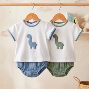 Conjunto algodón 100% dinosaurio RF/1502 - Blanco Verde, Talla 1 mes