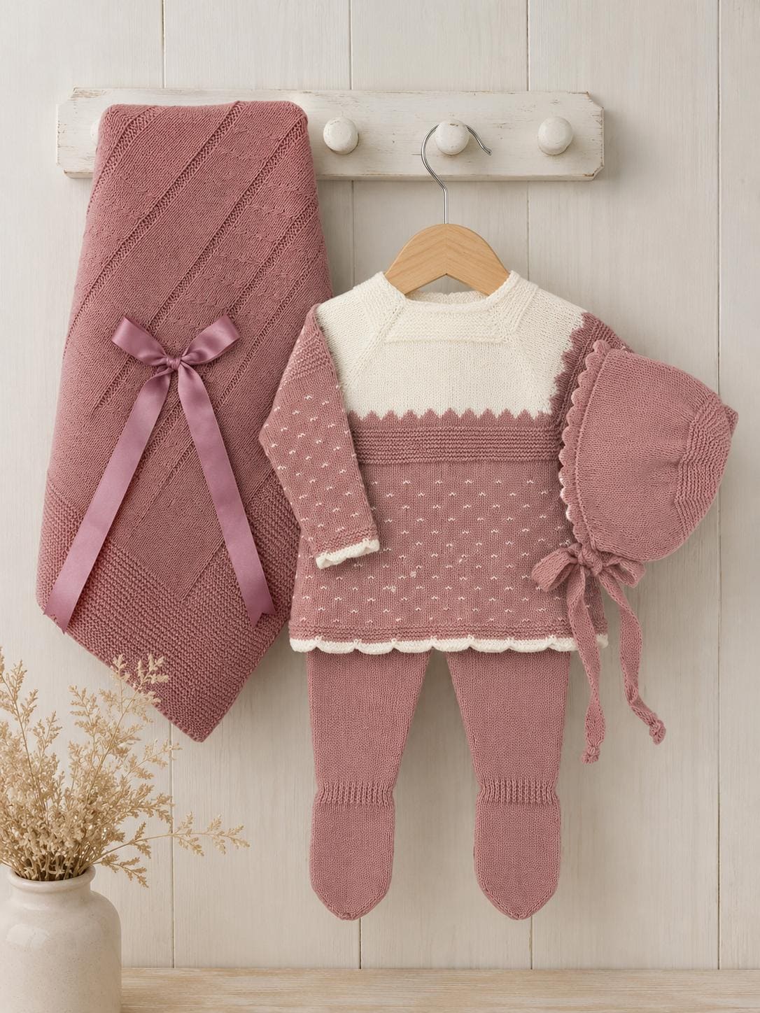 Conjunto lana 4 piezas toca-polaina-jersey y capota