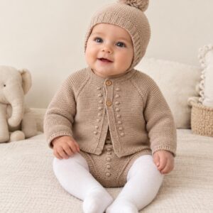 Conjunto lana chaqueta cubre pañal gorro pompón RF/350
