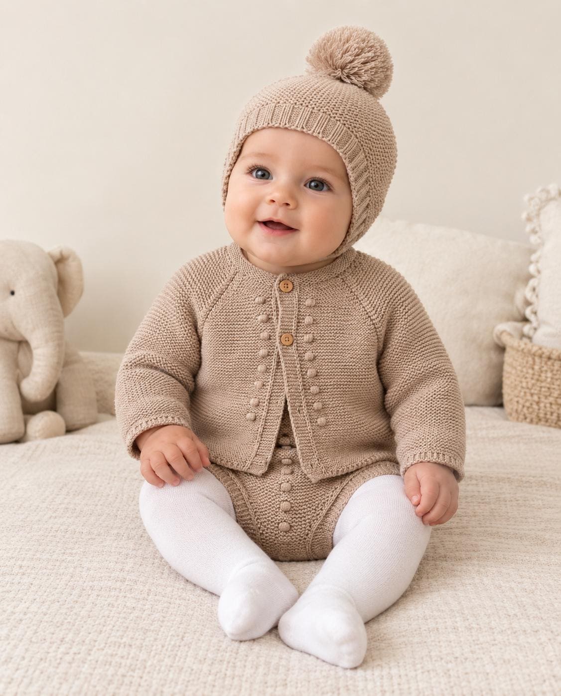 Conjunto lana chaqueta cubre pañal gorro pompón RF/350