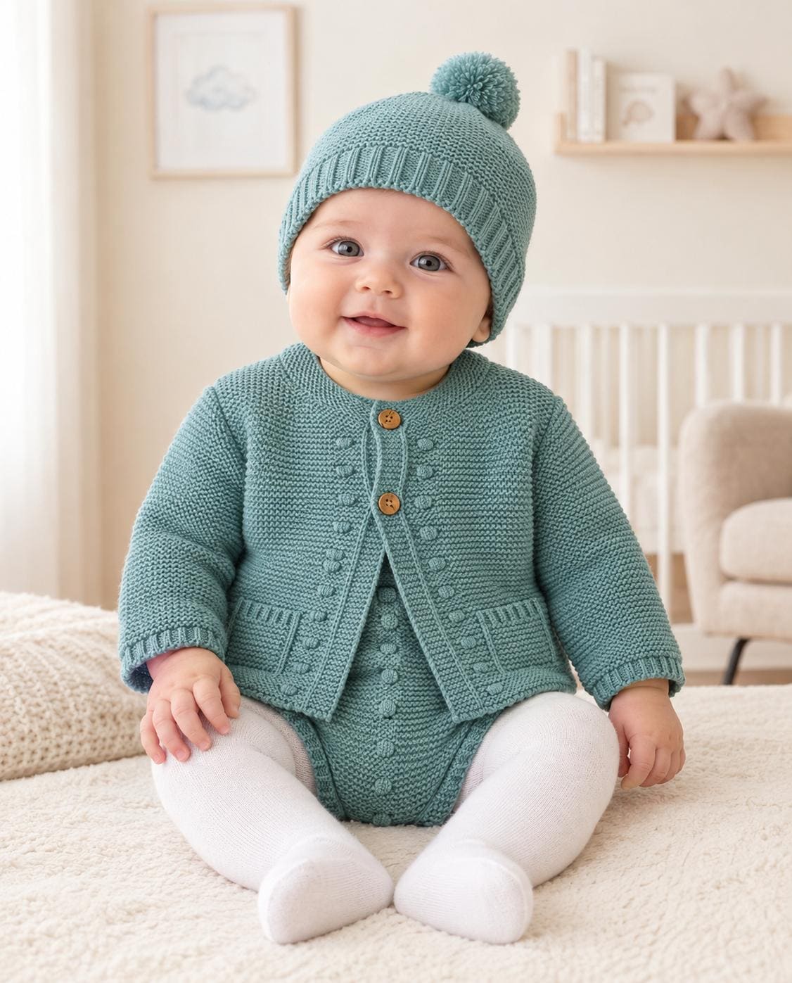 Conjunto lana chaqueta cubre pañal gorro pompón RF/350 - Imagen 9