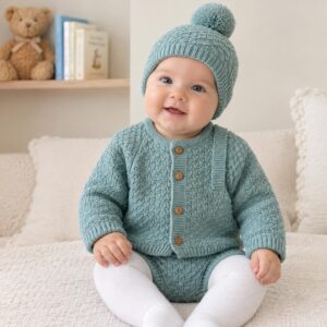 Conjunto lana rebeca botones cubrepañal gorro pompón RF/350