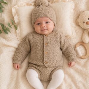 Conjunto lana rebeca botones cubrepañal gorro pompón RF/350